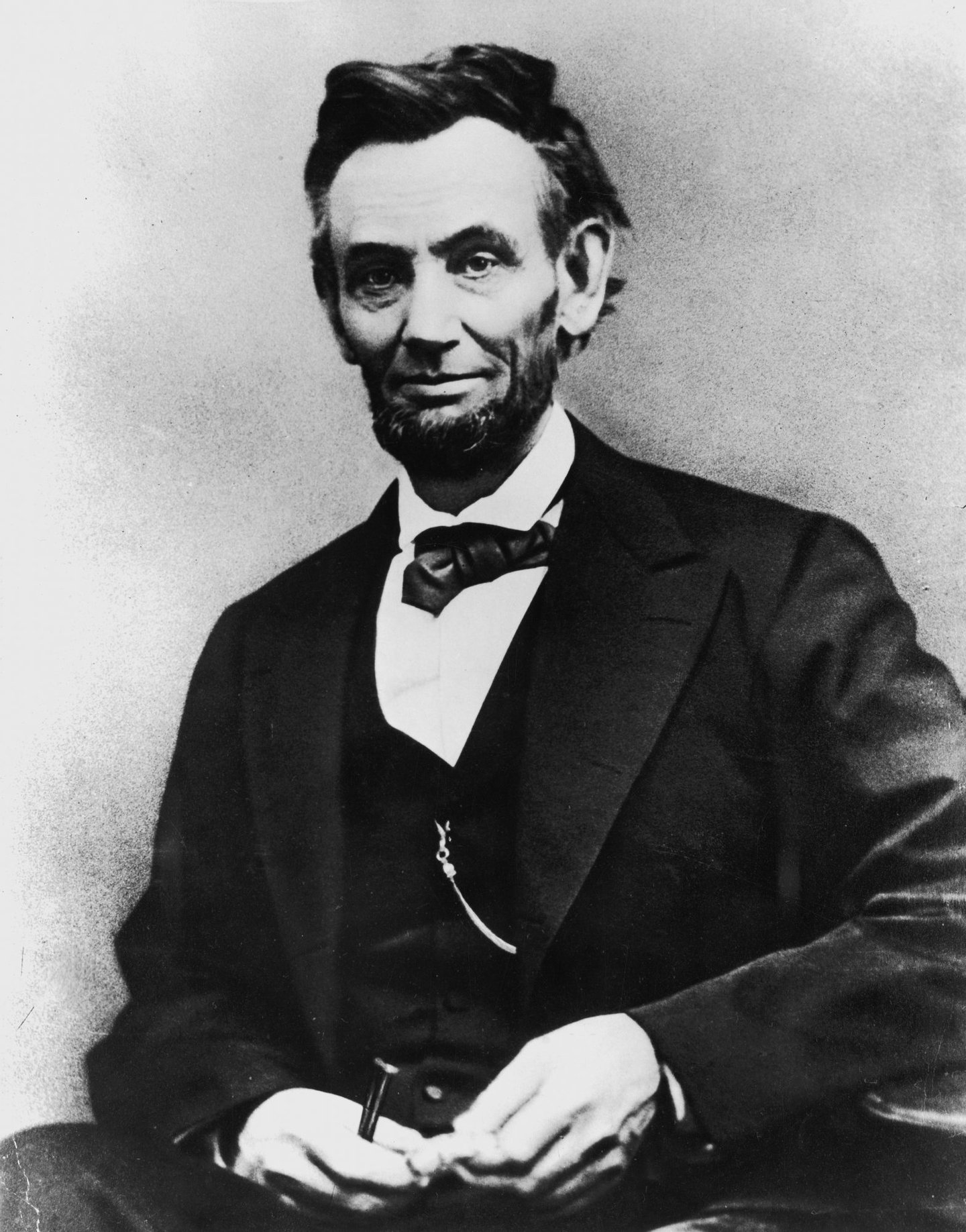 Portrait of American President Abraham Lincoln (1809 - 1865), the sixteenth President of the United States, dressed in a suit and bow tie, April 9, 1865. Five days after this portrait was taken President Lincoln was assassinated by John Wilkes Booth while attending a performance of 'Our American Cousin' at Ford's Theater. (Photo by Alexander Gardner/Getty Images)
