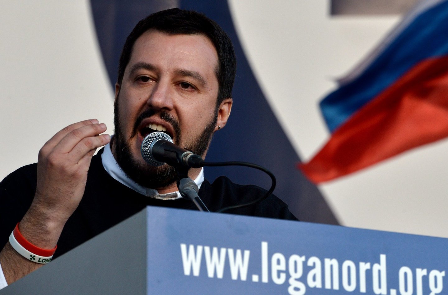 Italian Northern League (Lega Nord) party leader Matteo Salvini speaks during a rally against the Italian government's policy in Rome on February 28, 2015. AFP PHOTO / TIZIANA FABI (Photo credit should read TIZIANA FABI/AFP/Getty Images)