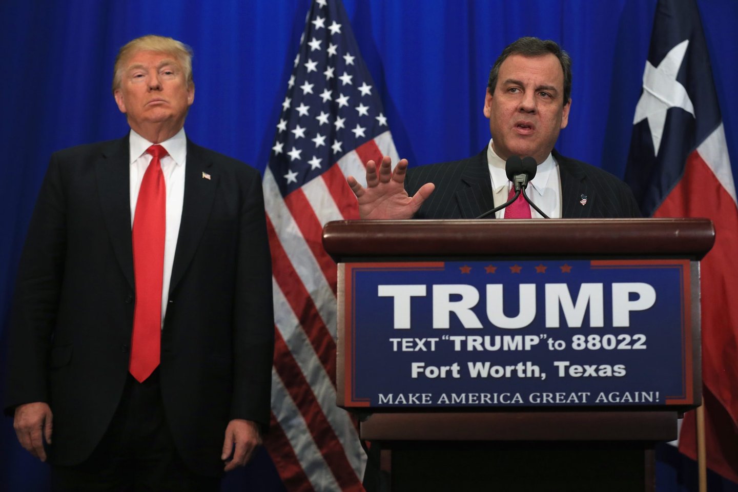 FORT WORTH, TX - FEBRUARY 26: New Jersey Governor Chris Christie announces his support for Republican presidential candidate Donald Trump during a rally at the Fort Worth Convention Center on February 26, 2016 in Fort Worth, Texas. Trump is campaigning in Texas, days ahead of the Super Tuesday primary. (Photo by Tom Pennington/Getty Images)