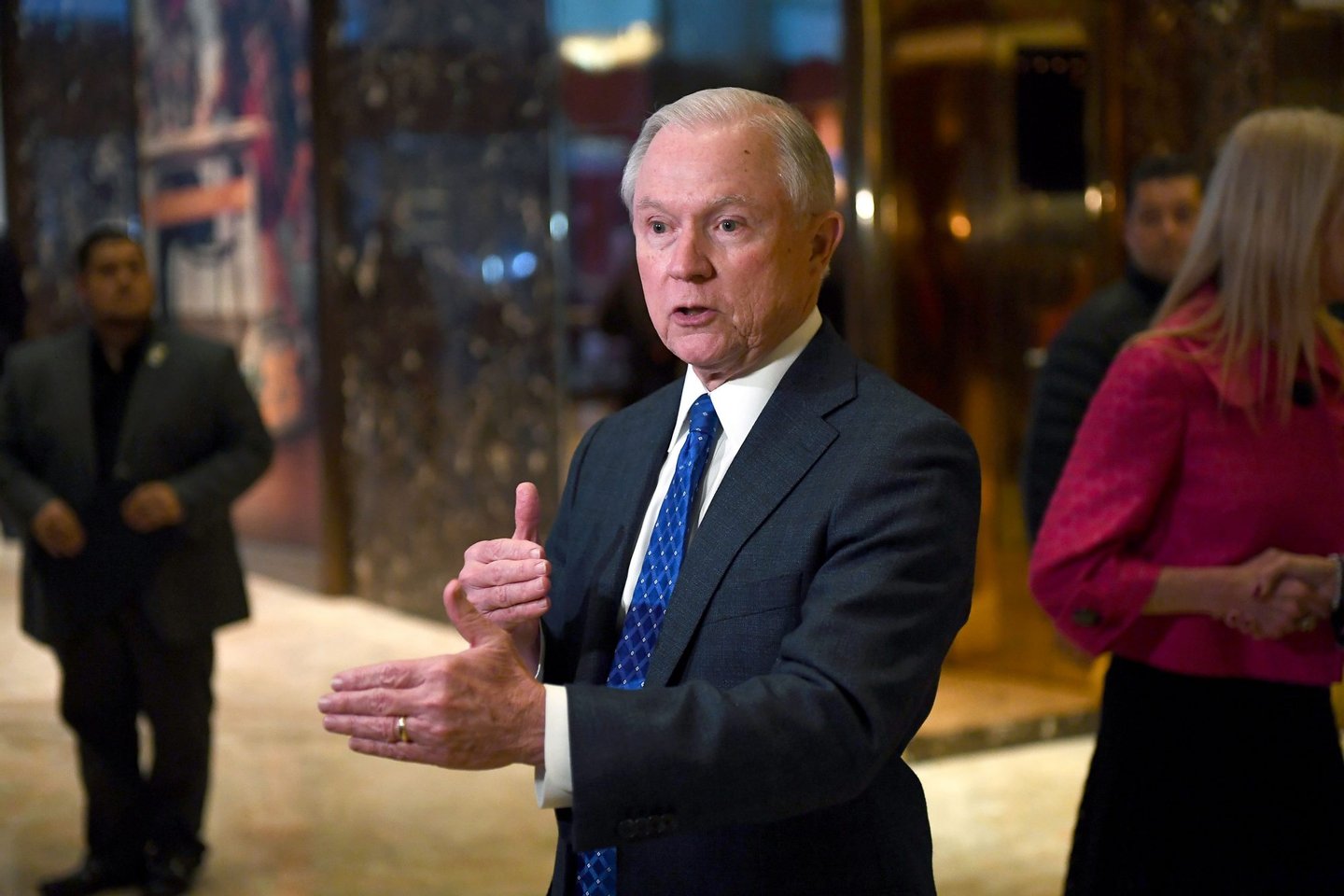 US Senator Jeff Sessions of Alabama talks to the media at the Trump Tower in New York on November 17, 2016. / AFP / Jewel SAMAD (Photo credit should read JEWEL SAMAD/AFP/Getty Images)