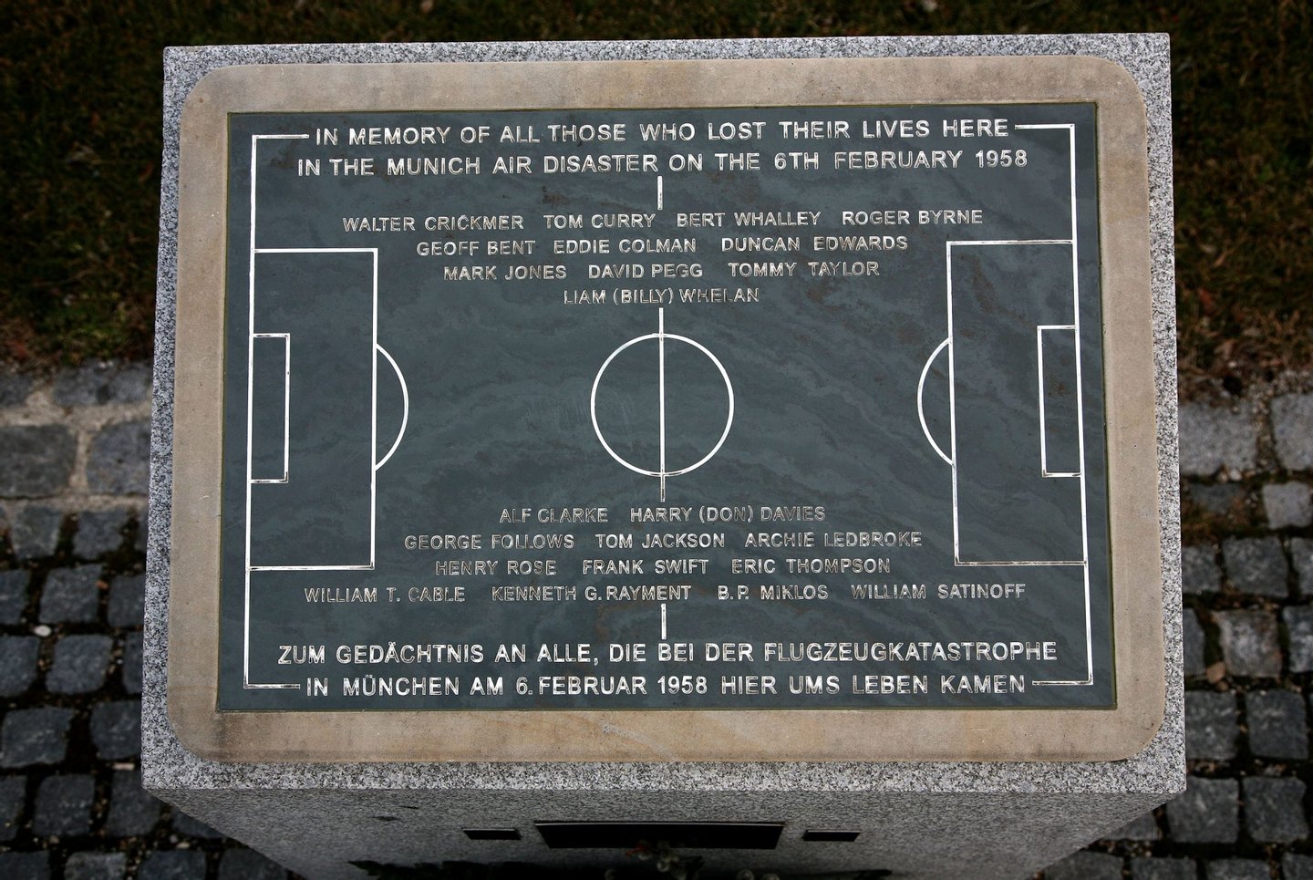 KIRCHTRUDERING, GERMANY - FEBRUARY 05: A memorial stone recalls the place of the Munich air desaster of the 6th February 1958, as 23 people including 8 members of the Manchester United football team lost their lives, seen on February 5, 2008 in Kirchtrudering near Munich, Germany. ManU supporters will commemorate the 50th anniversary at the scene of the accident. (Photo by Johannes Simon/Getty Images)