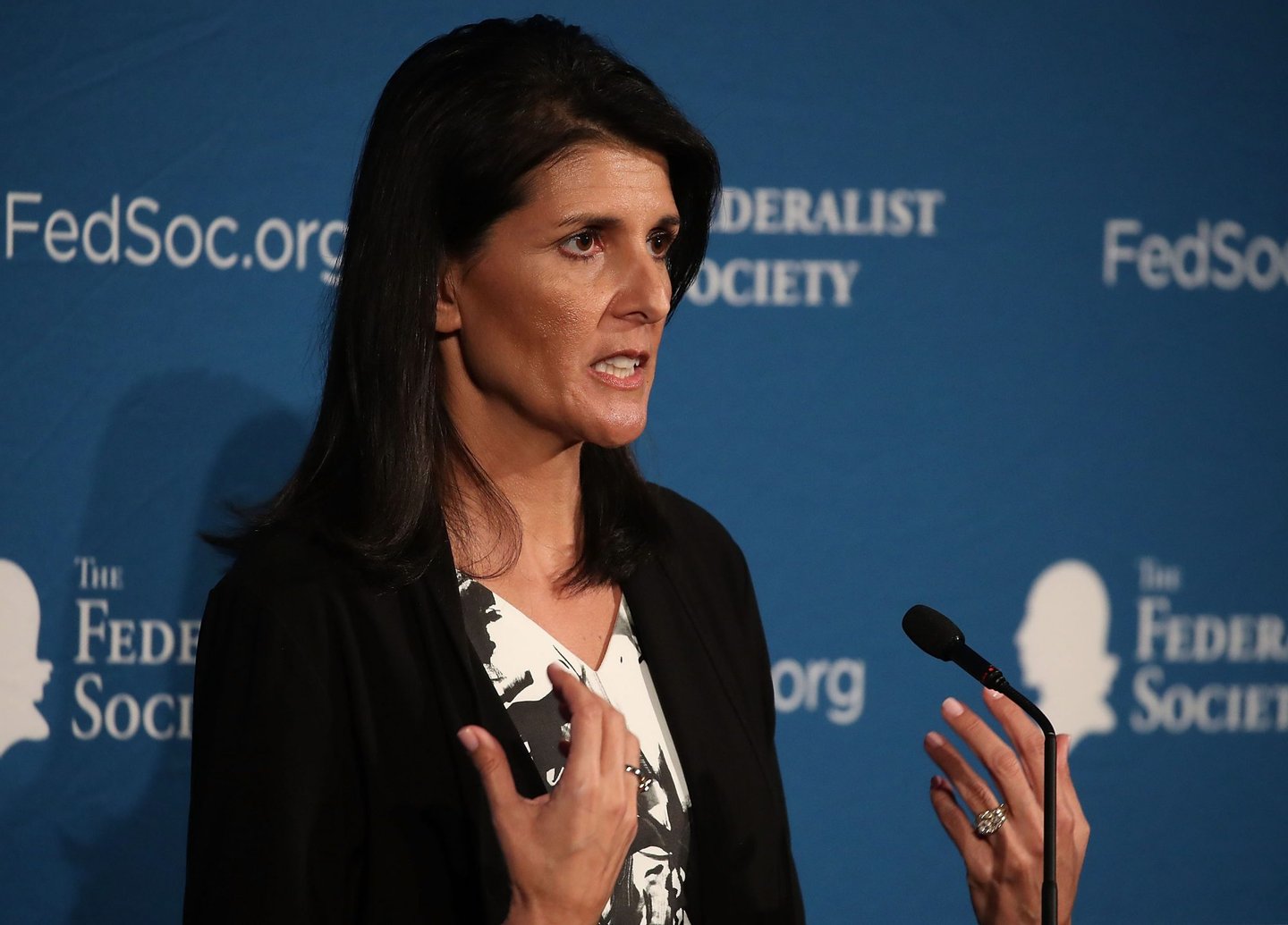 WASHINGTON, DC - NOVEMBER 18: South Carolina Gov. Nikki Haley speaks at the Federalist Society, 2016 National Lawyers Convention at the Mayflower Hotel, on November 18, 2016 in Washington, DC. Haley met with President-elect Donald Trump to possibly being considered for a spot in his administration. (Photo by Mark Wilson/Getty Images)