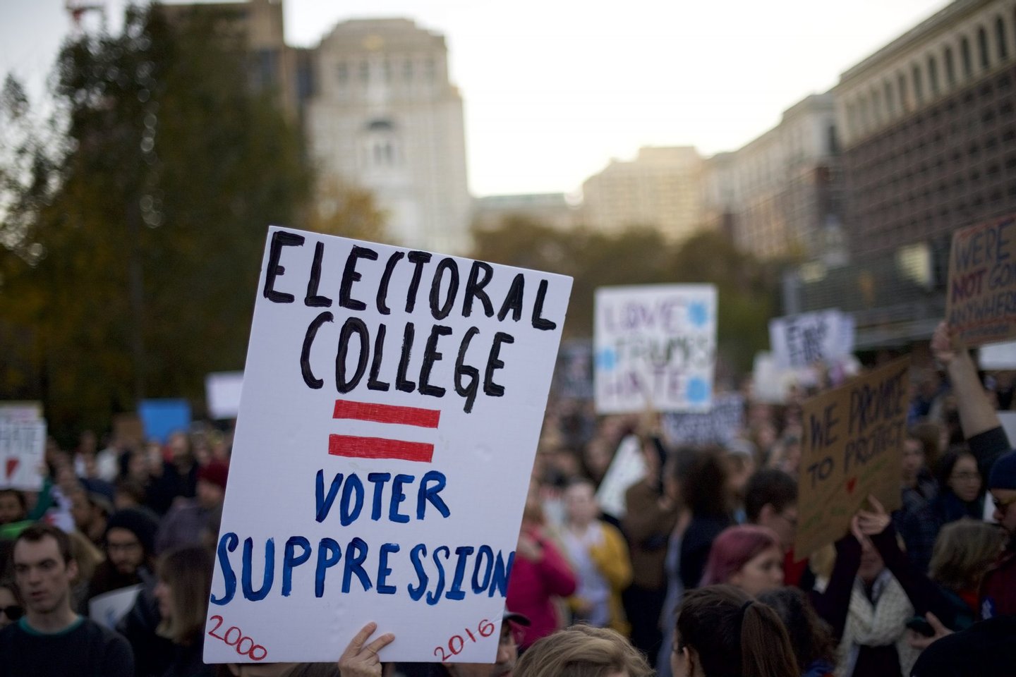 PHILADELPHIA, PA - NOVEMBER 13: Protestors demonstrate against President-elect Donald Trump outside Independence Hall November 13, 2016 in Philadelphia, Pennsylvania. The Republican candidate lost the popular vote by more than a million votes, but won the electoral college. (Photo by Mark Makela/Getty Images)