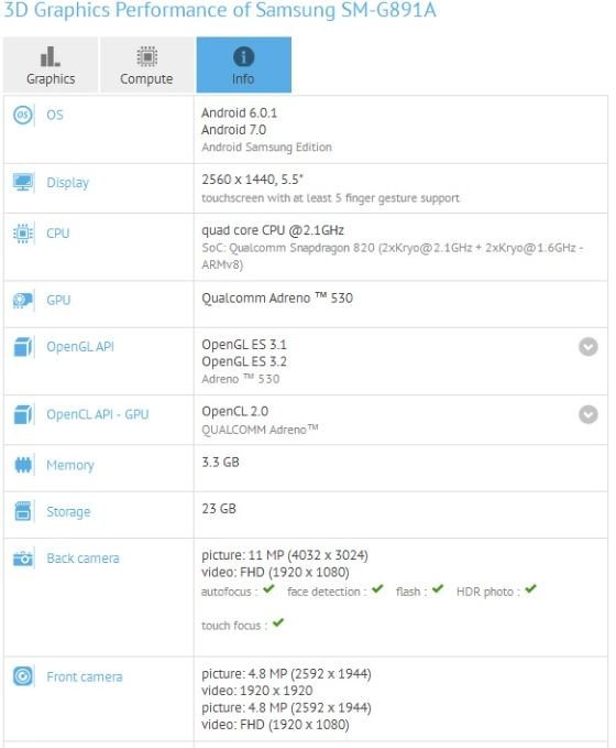 Imagem dos testes em que o Samsung Galaxy S7 Active corria a versÃ£o 7.0 do sistema Android.