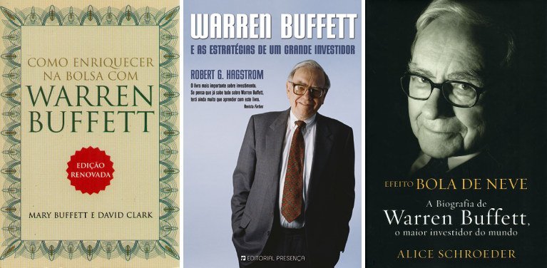 Estes são alguns dos livros sobre Warren Buffett traduzidos em Portugal. Da esquerda para a direita: "Como Enriquecer na Bolsa com Warren Buffett", de Mary Buffett e David Clarke; "Warren Buffett e as Estratégias de Um Grande Investidor", de Robert G. Hagstrom; e "Efeito Bola Neve", a biografia escrita por Alice Schroeder.