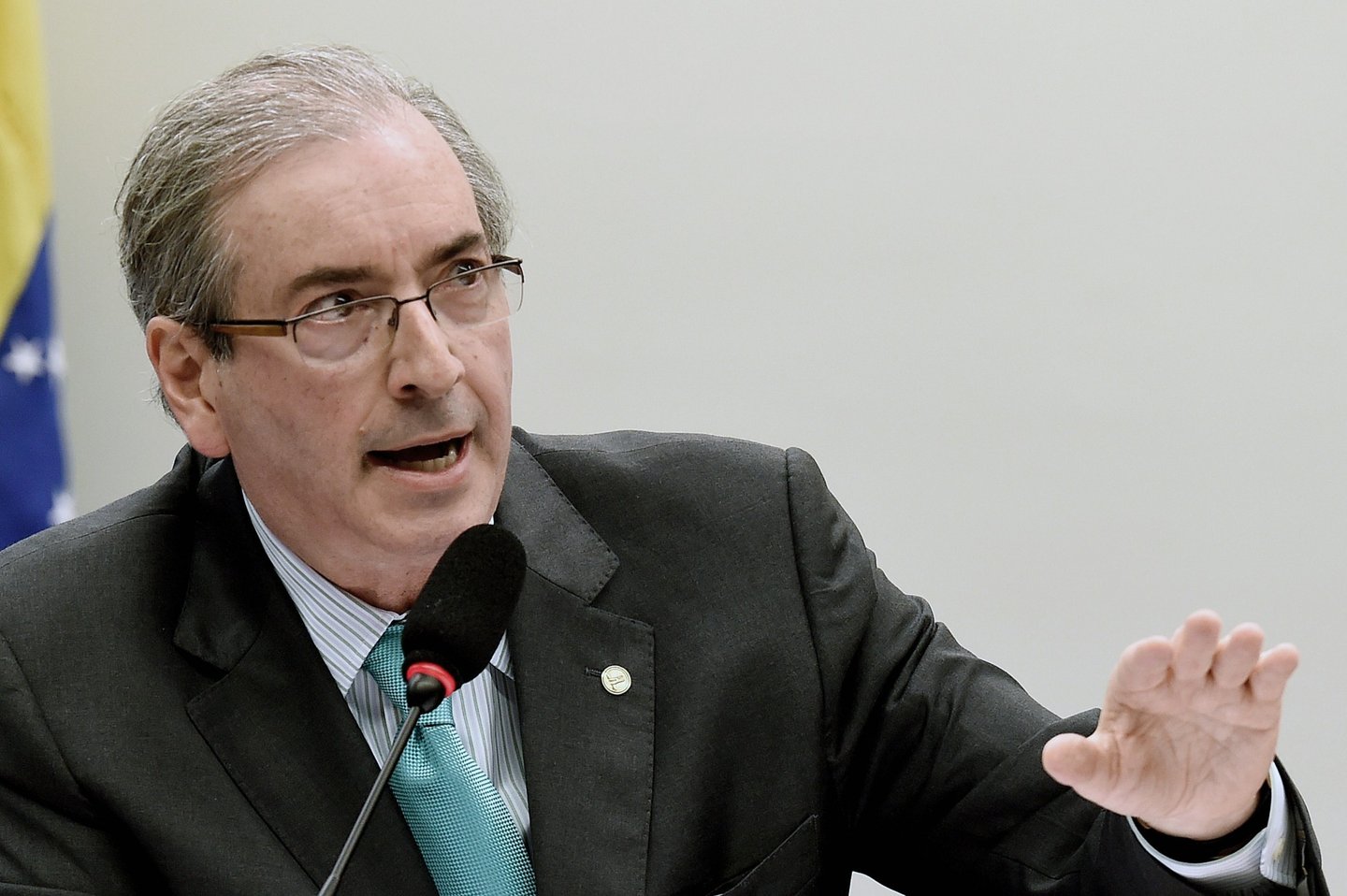 Chamber of Deputies President Eduardo Cunha of the Brazilian Democratic Movement Party (PMDB) speaks during a hearing with the Parliamentary Commission of Inquiry that investigates accusations of corruption in Petrobras, in Brasilia on March 12, 2015. Dozens of politicians from five parties, including from that of Brazilian President Dilma Rousseff, have been implicated in a corrupt network which laundered $4 billion of Brazil's state oil giant money. AFP PHOTO/EVARISTO SA (Photo credit should read EVARISTO SA/AFP/Getty Images)