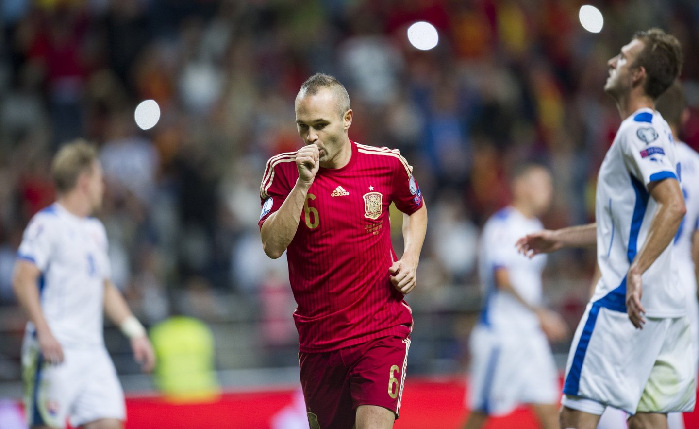 OVIEDO, SPAIN - SEPTEMBER 05: Andres Iniesta celebrates after scoring goal during the Spain v Slovakia EURO 2016 Qualifier at Carlos Tartiere on Sep 5, 2015 in Oviedo, Spain.Ê (Photo by Juan Manuel Serrano Arce/Getty Images)