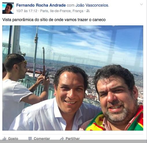 Fotografia publicada por Rocha Andrade no seu facebook, no dia da final do europeu, com o secretário de Estado da Inovação. Viajaram a convite da Galp.