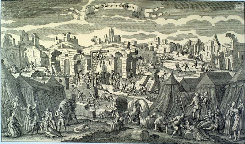 Uma gravura da época mostra a destruição em Lisboa provocada pelo grande terramoto de 1755