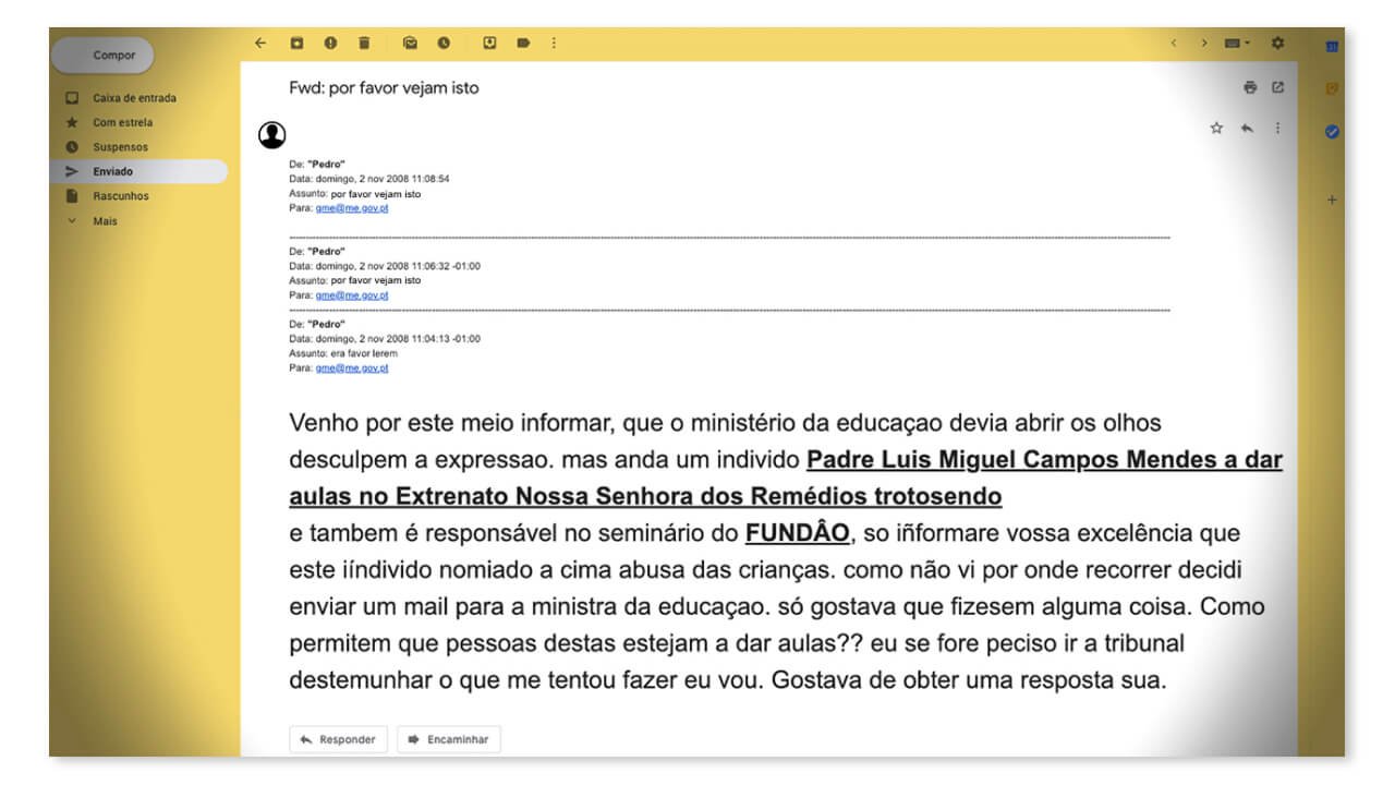 Reconstituição do email enviado por Pedro ao Ministério da Educação em 2008