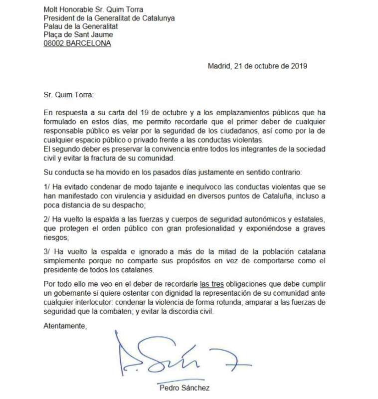 Carta do primeiro-ministro espanhol, Pedro Sánchez, ao presidente da Generalitat, Quim Torra (fonte El PaÃs)
