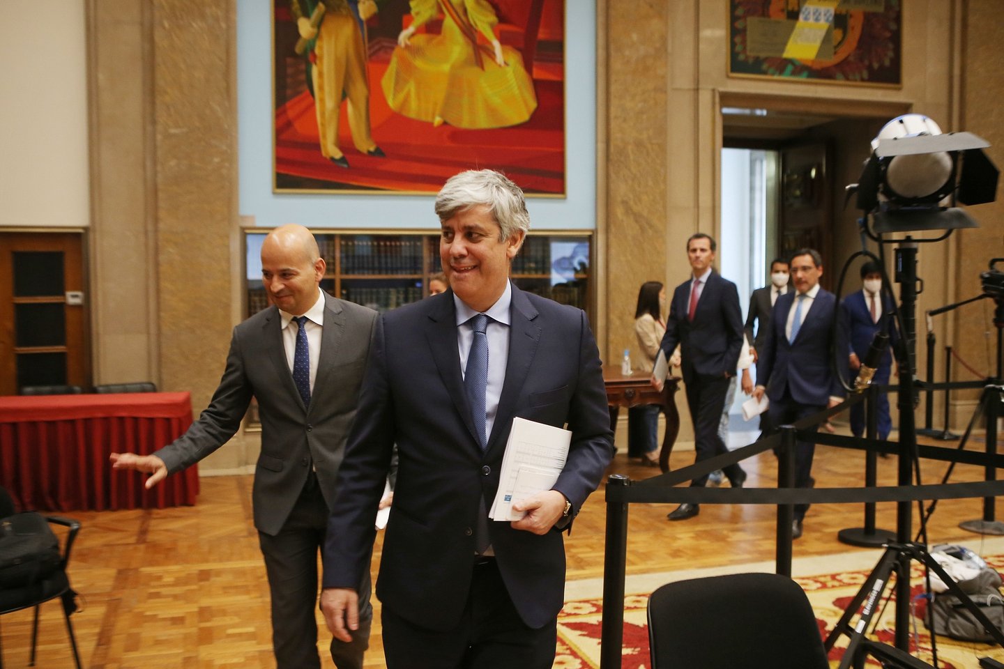 The Minister of State and Finance, Mário Centeno (C), flanked by the Secretary of State for the Budget, João Leão (L), on arrival for the presentation of the Supplementary Budget 2020 at the Salão Nobre of the Ministry of Finance, in Lisbon, June 9, 2020. After five years as António Costa's Minister of Finance, Mário Centeno will leave the Government, being replaced from next Monday by João Leão, current Secretary of State for the Budget. ANTÓNIO PEDRO SANTOS/LUSA