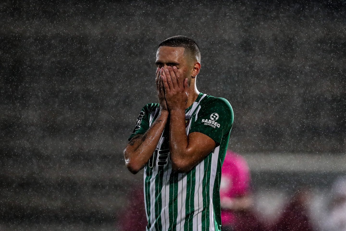 epa08714286 Rio Ave's Nelson Monte reacts after missing a penalty during the penalty shoot round for their Europa League qualifying soccer match against AC Milan at Arcos stadium, in Vila do Conde, Portugal, 01 October 2020. EPA/JOSE COELHO