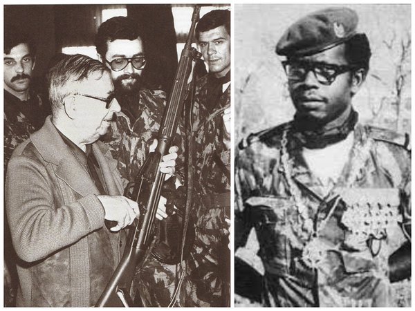 Marcelino da Mata à direita. À esquerda, acompanhando Sartre, está Quinhones um dos homens que Marcelino da Mata identificou como sendo um dos seus torturadores.