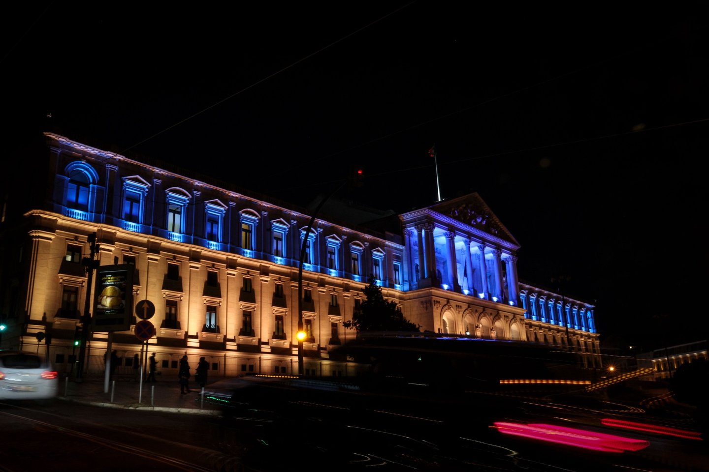 The portuguese Parliament building is illuminated in the blue and yellow as a demonstration of solidarity following the Russian invasion of Ukraine, in Lisbon, Portugal, 23 February 2023. Russian troops entered Ukraine on 24 February 2022. TIAGO PETINGA/LUSA