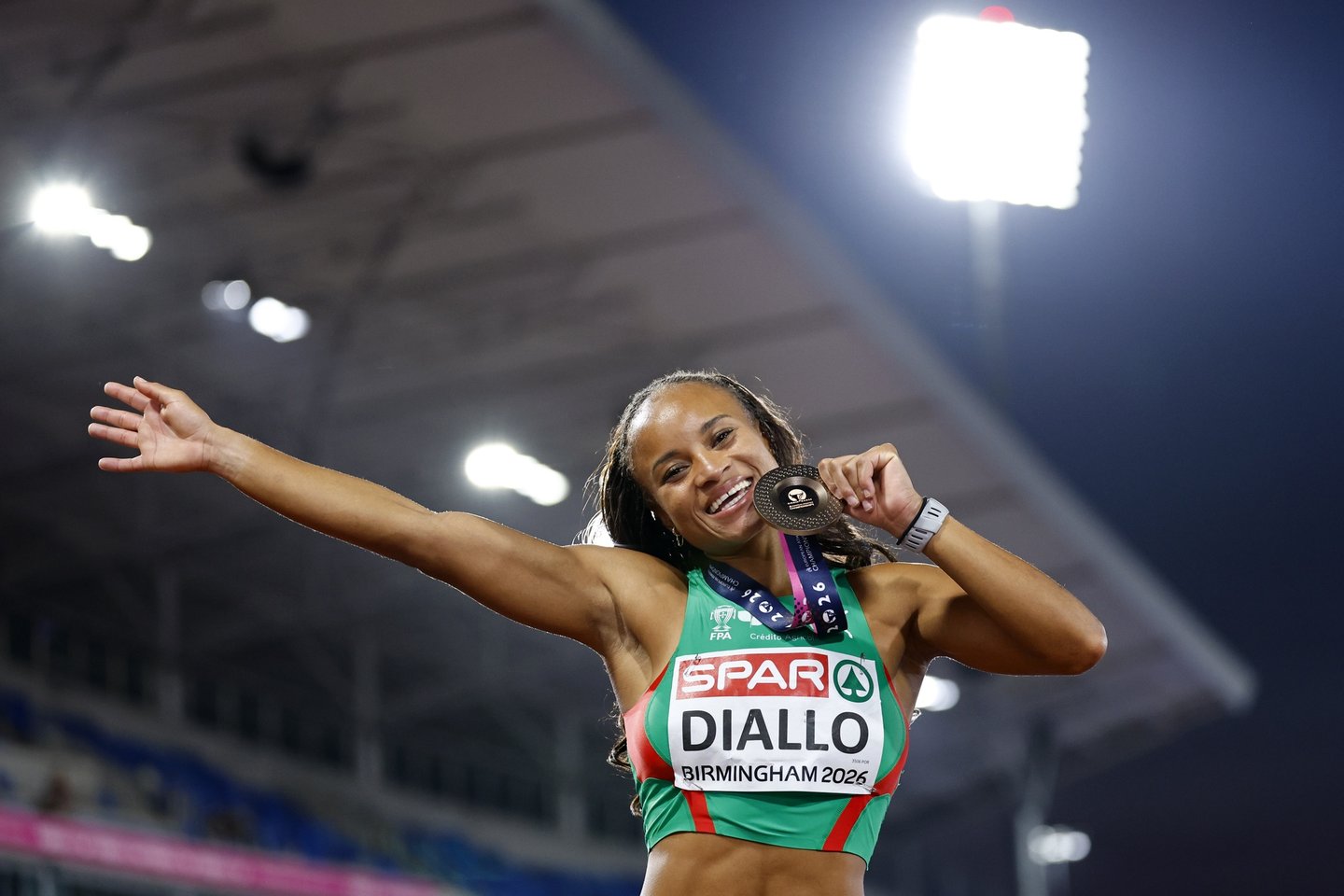 epa13165144 Fatoumata Binta Diallo of Portugal celebrates with the bronze medal of the 400m Hurdles Women final during the European Athletics Championships Birmingham 2026, Birmingham, Britain, 12 August 2026. EPA/TOLGA AKMEN